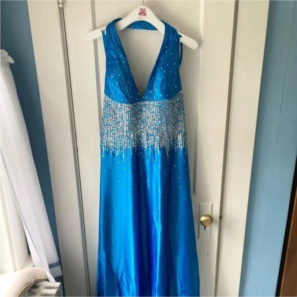 Mori Lee royal blue halter neck beaded evening gown 8
